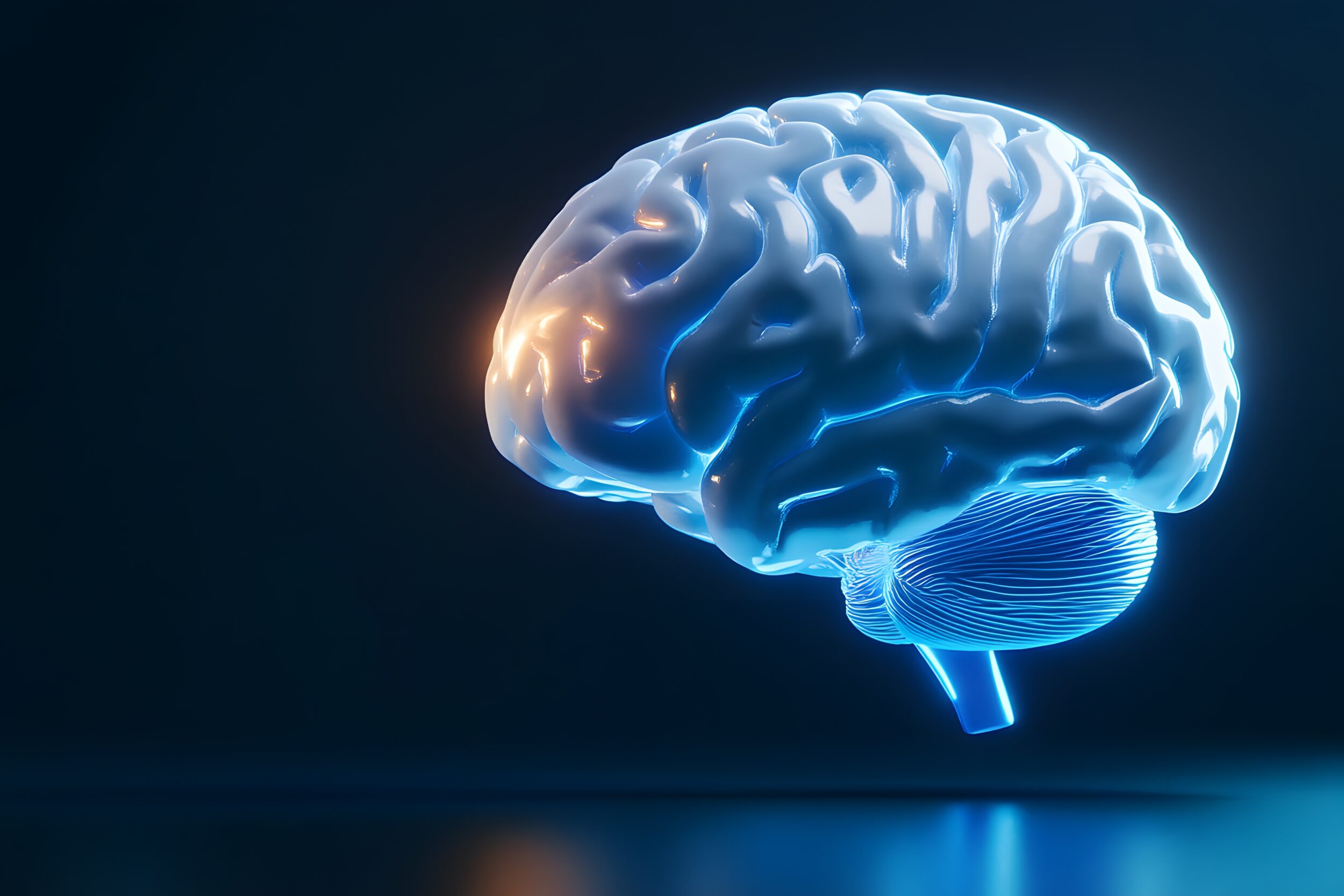 3D glowing blue brain on a black background