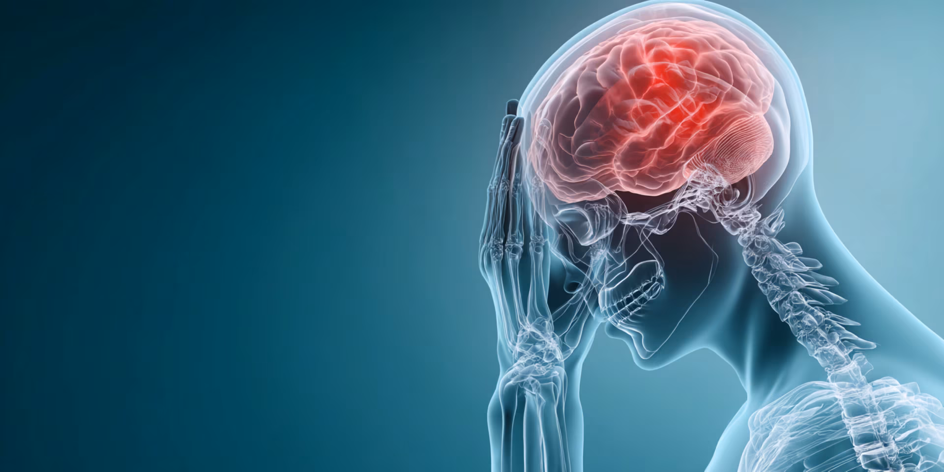 X-ray style image of human head and upper torso, highlighting brain in red, person holding head, suggesting headache or brain pain, medical concept